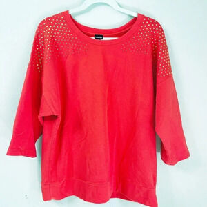 Rafaella Women’s Red Sweater Blouse XL Gold Studs 3/4 Sleeves Relaxed Stretch